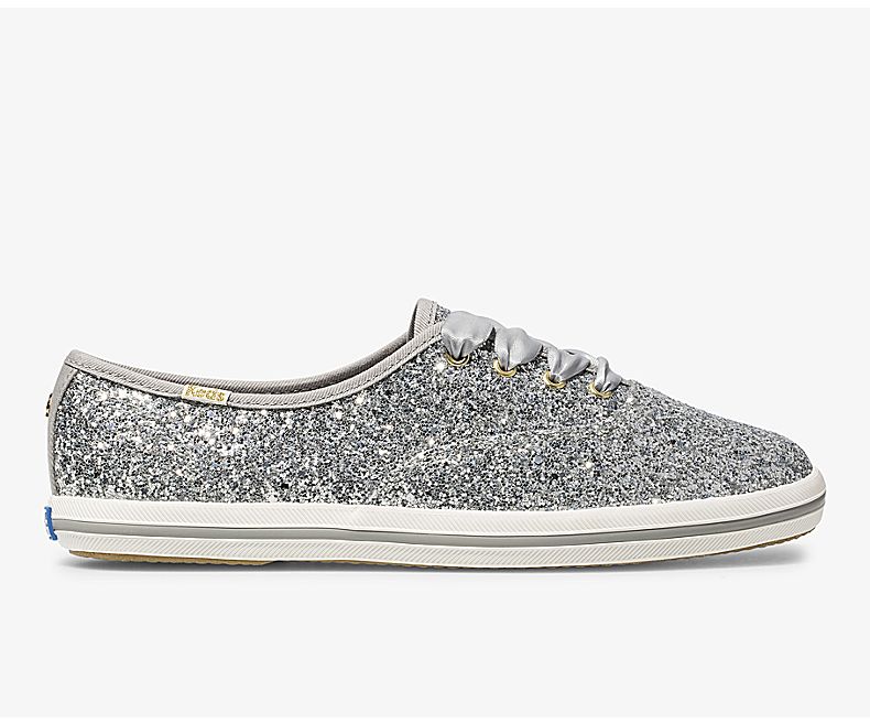 Keds Women's X Kate Spade New York Champion Glitter Silver Lace Up Shoes - QU5162803